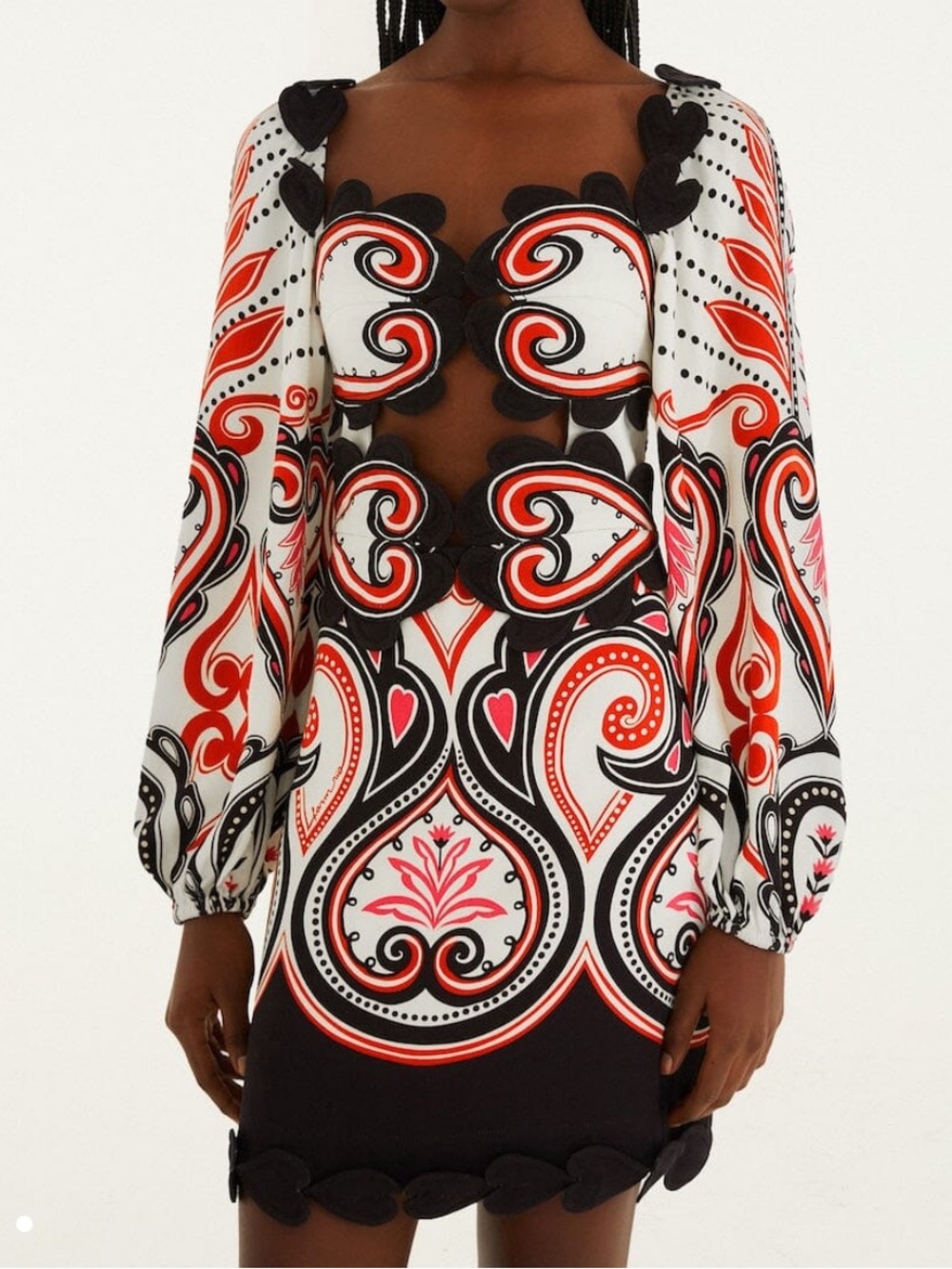 FARM Rio White, Black & Red Printed Long-Sleeve Mini Dress